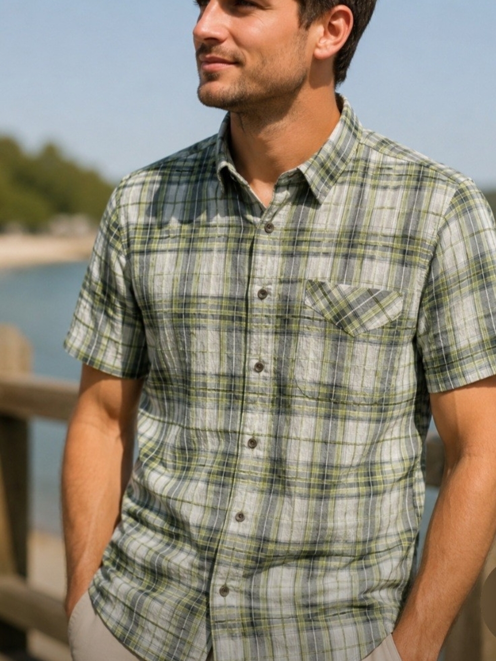 Kuhl Mens Size Large Stallion Seesucker Short-Sleeve Button-Down Shirt Wild Lime